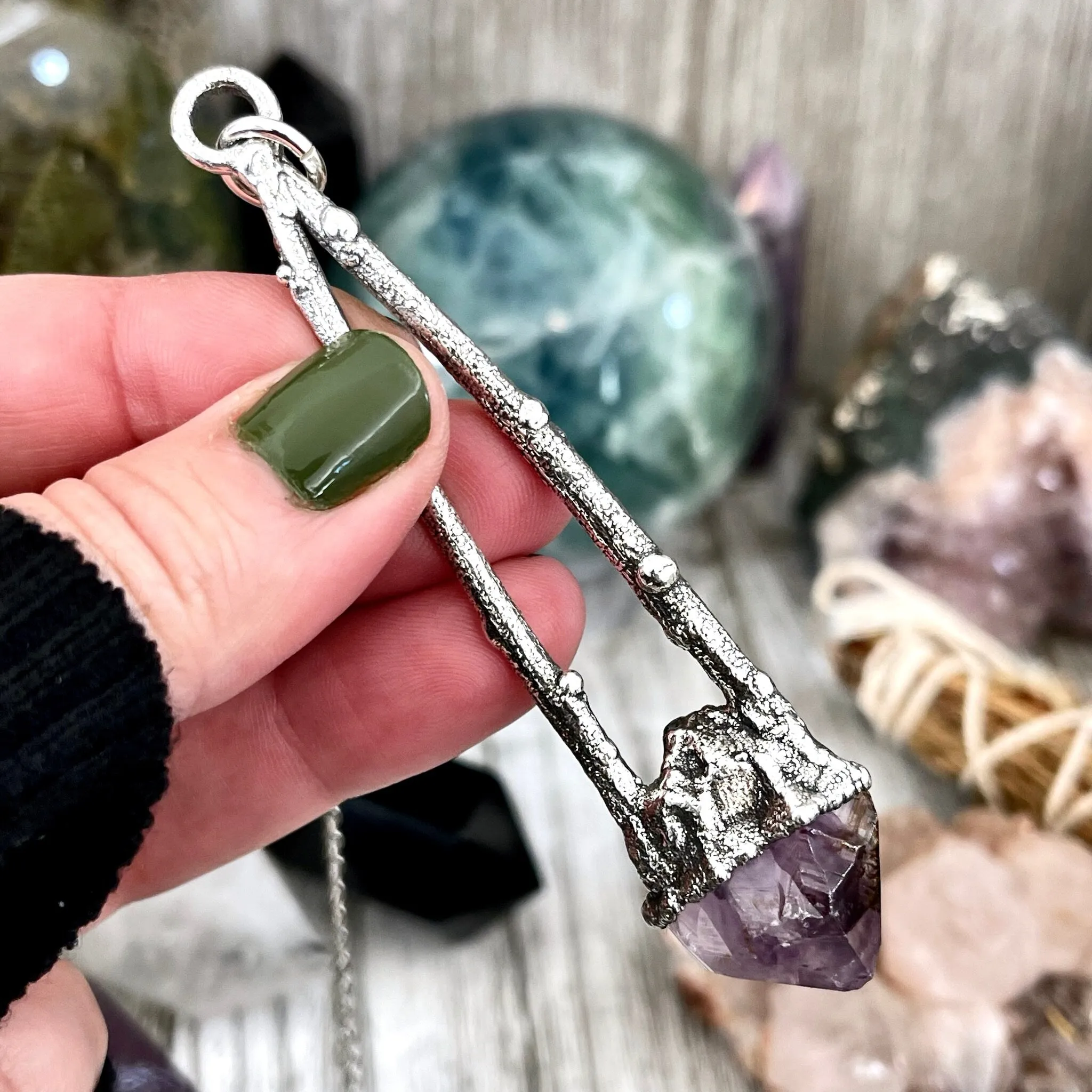 Sticks & Stones Collection- Raw Amethyst Crystal Necklace in Fine Silver /