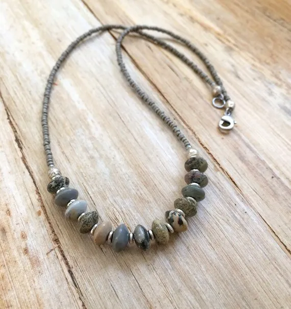 Stone Beaded Necklace, Silver Stone Necklace, Boho Jewelry, Bohemian Jewelry, Beaded Jewelry, Gray Silver Necklace