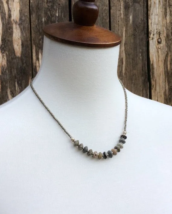 Stone Beaded Necklace, Silver Stone Necklace, Boho Jewelry, Bohemian Jewelry, Beaded Jewelry, Gray Silver Necklace