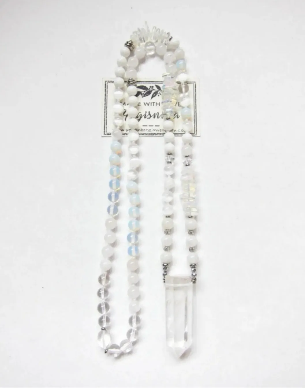 Stunning Selenite, Clear Quartz, Rainbow Moonstone Mala Necklace in Quartz Pendant