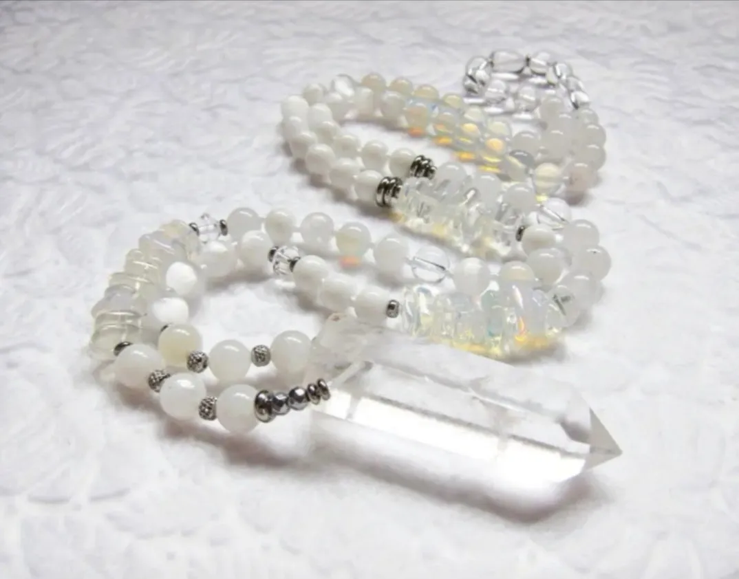 Stunning Selenite, Clear Quartz, Rainbow Moonstone Mala Necklace in Quartz Pendant