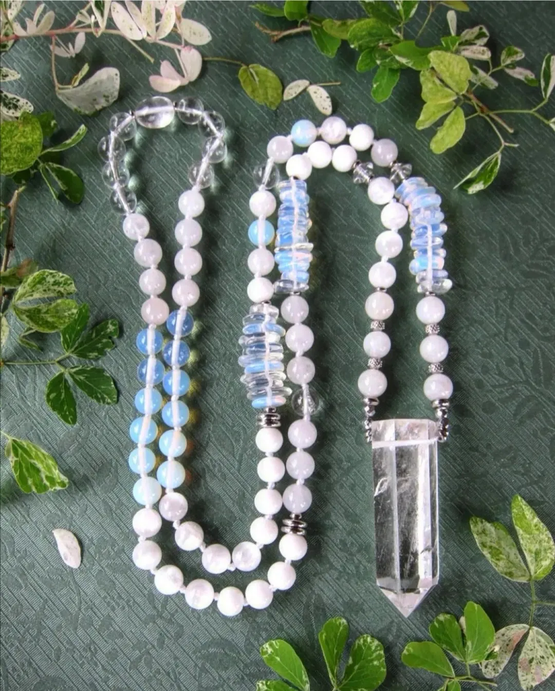 Stunning Selenite, Clear Quartz, Rainbow Moonstone Mala Necklace in Quartz Pendant