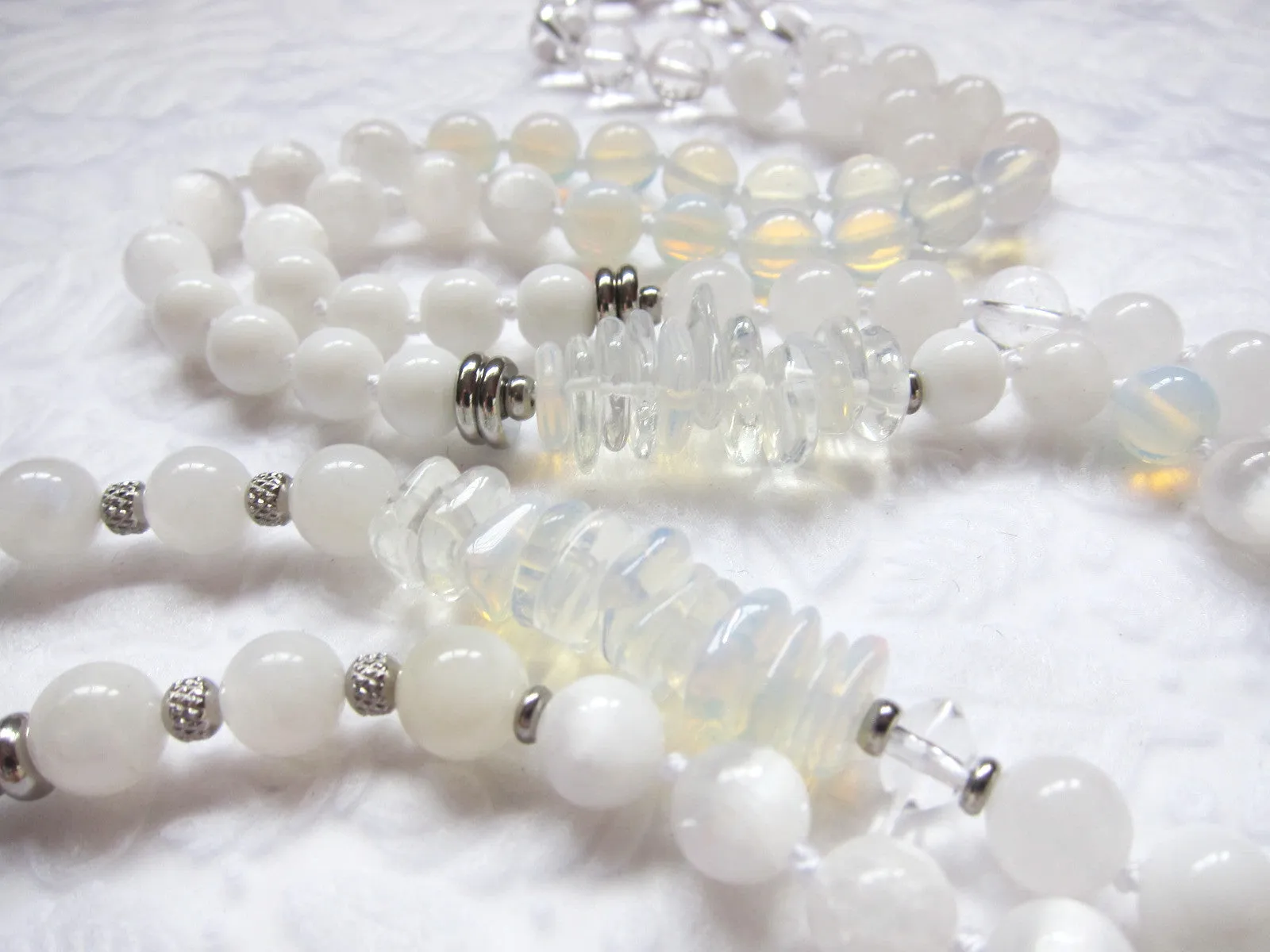 Stunning Selenite, Clear Quartz, Rainbow Moonstone Mala Necklace in Quartz Pendant