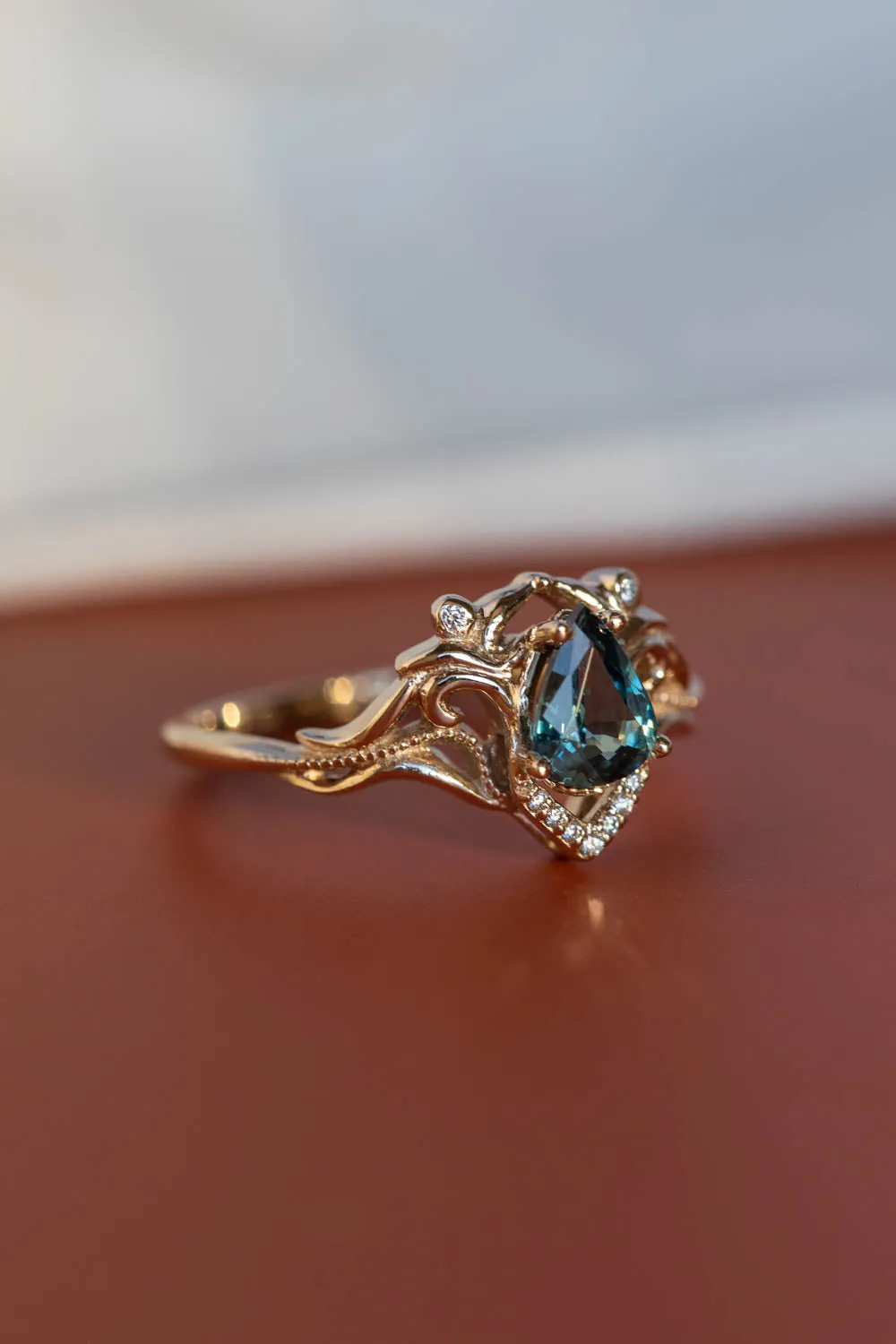 Teal sapphire bridal ring set, white gold engagement ring set with diamonds / Lida small