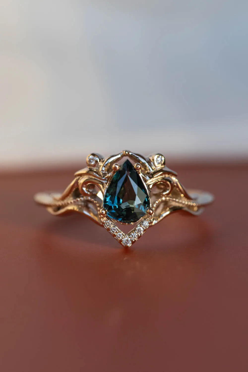 Teal sapphire bridal ring set, white gold engagement ring set with diamonds / Lida small