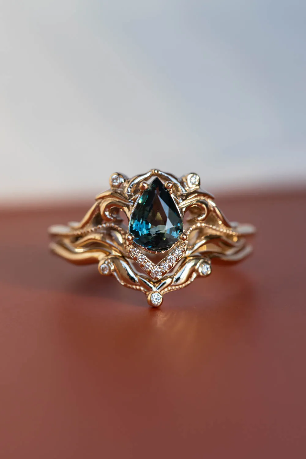 Teal sapphire bridal ring set, white gold engagement ring set with diamonds / Lida small