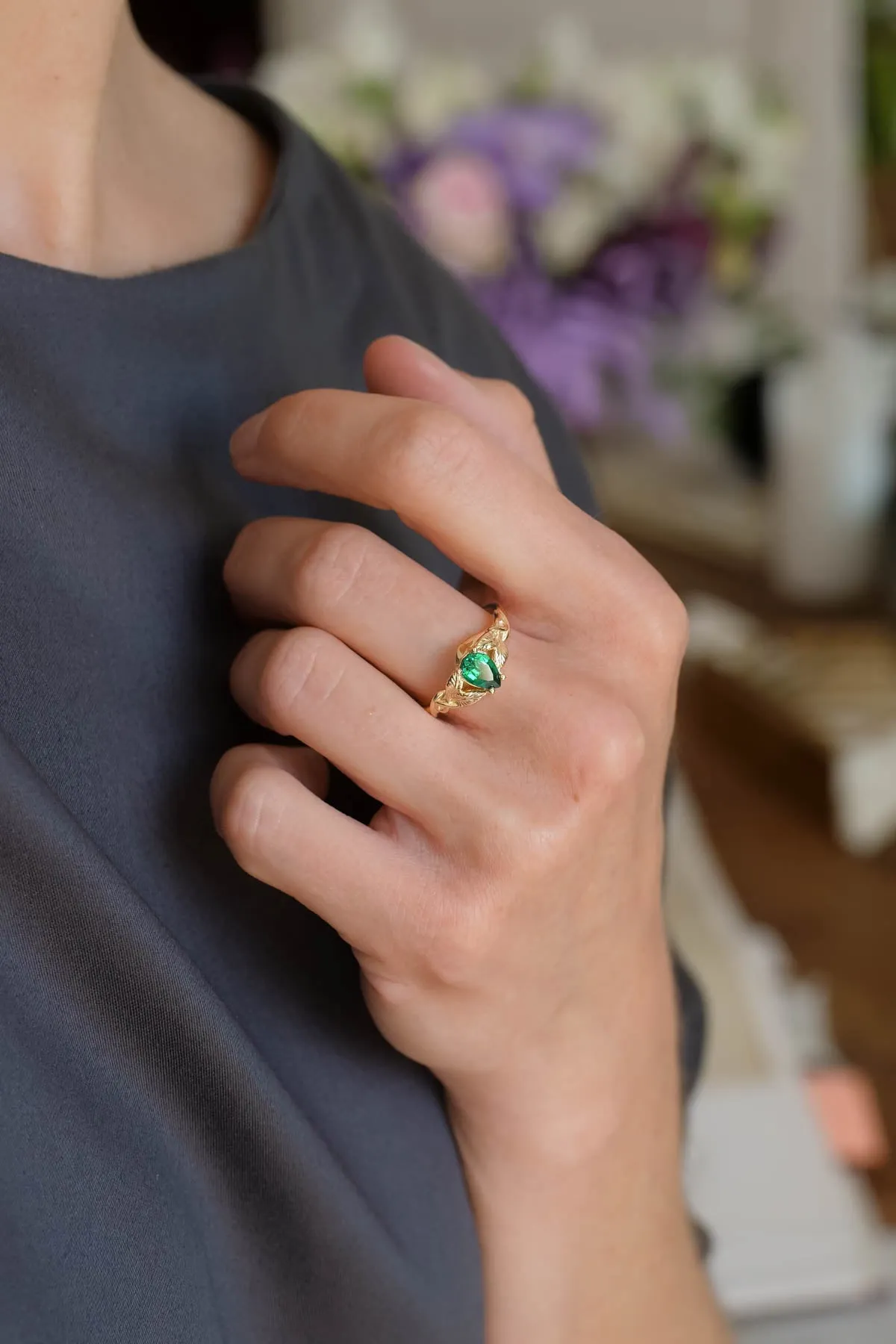 Teardrop emerald engagement ring, gold leaves ring / Azalea