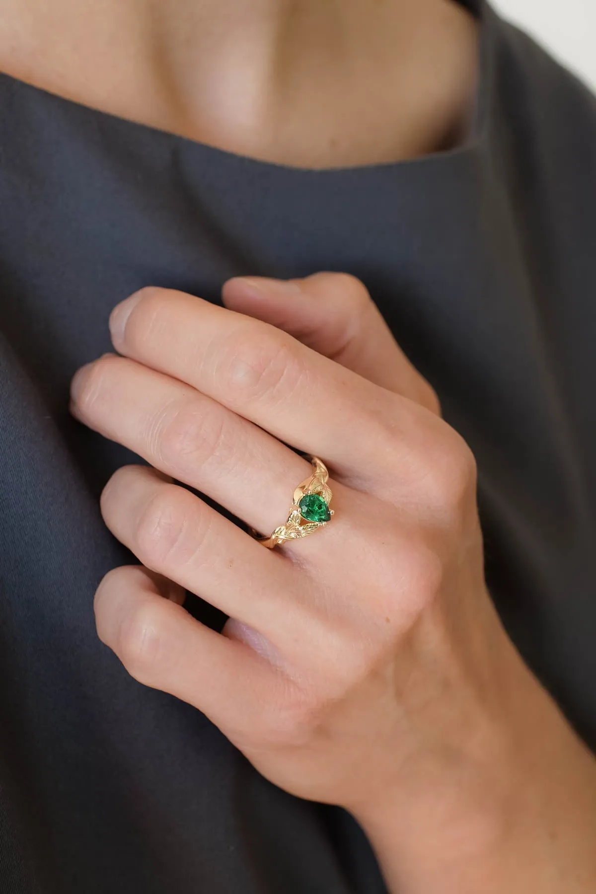 Teardrop emerald engagement ring, gold leaves ring / Azalea