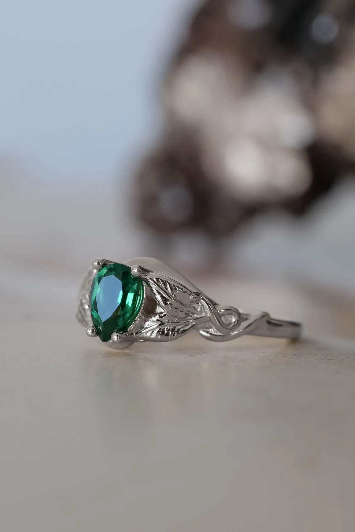 Teardrop emerald engagement ring, gold leaves ring / Azalea