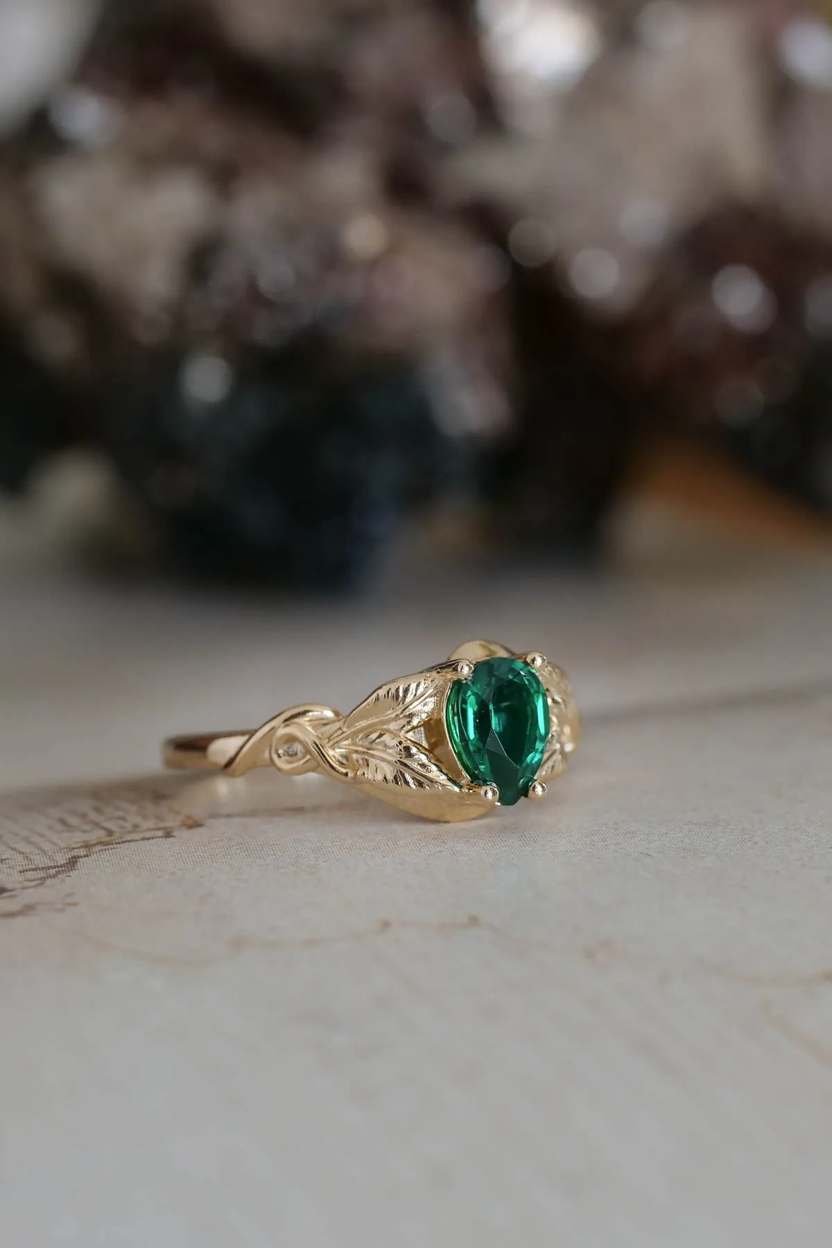 Teardrop emerald engagement ring, gold leaves ring / Azalea