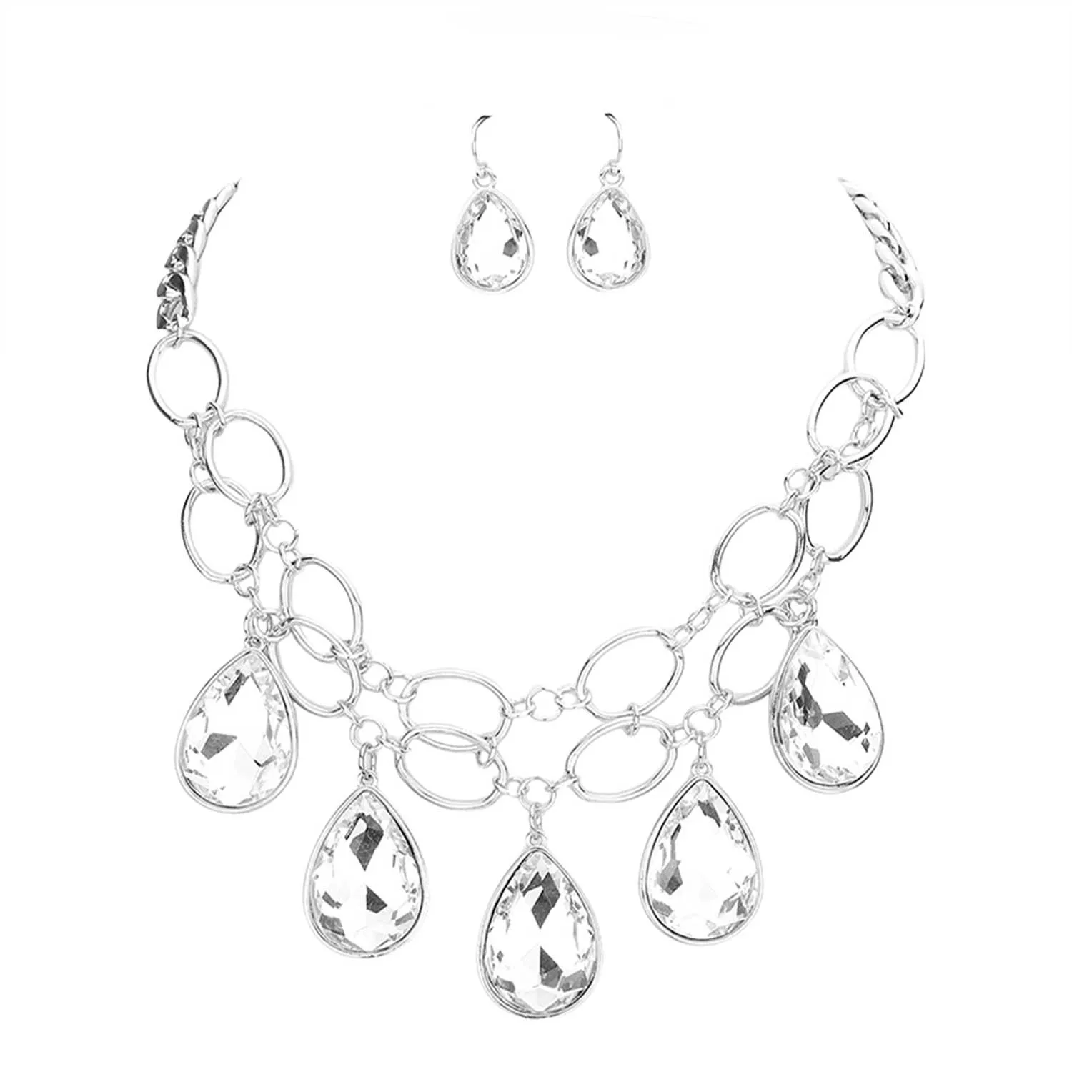 Teardrop Stone Accented Open Metal Oval Link Evening Necklace