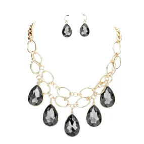 Teardrop Stone Accented Open Metal Oval Link Evening Necklace