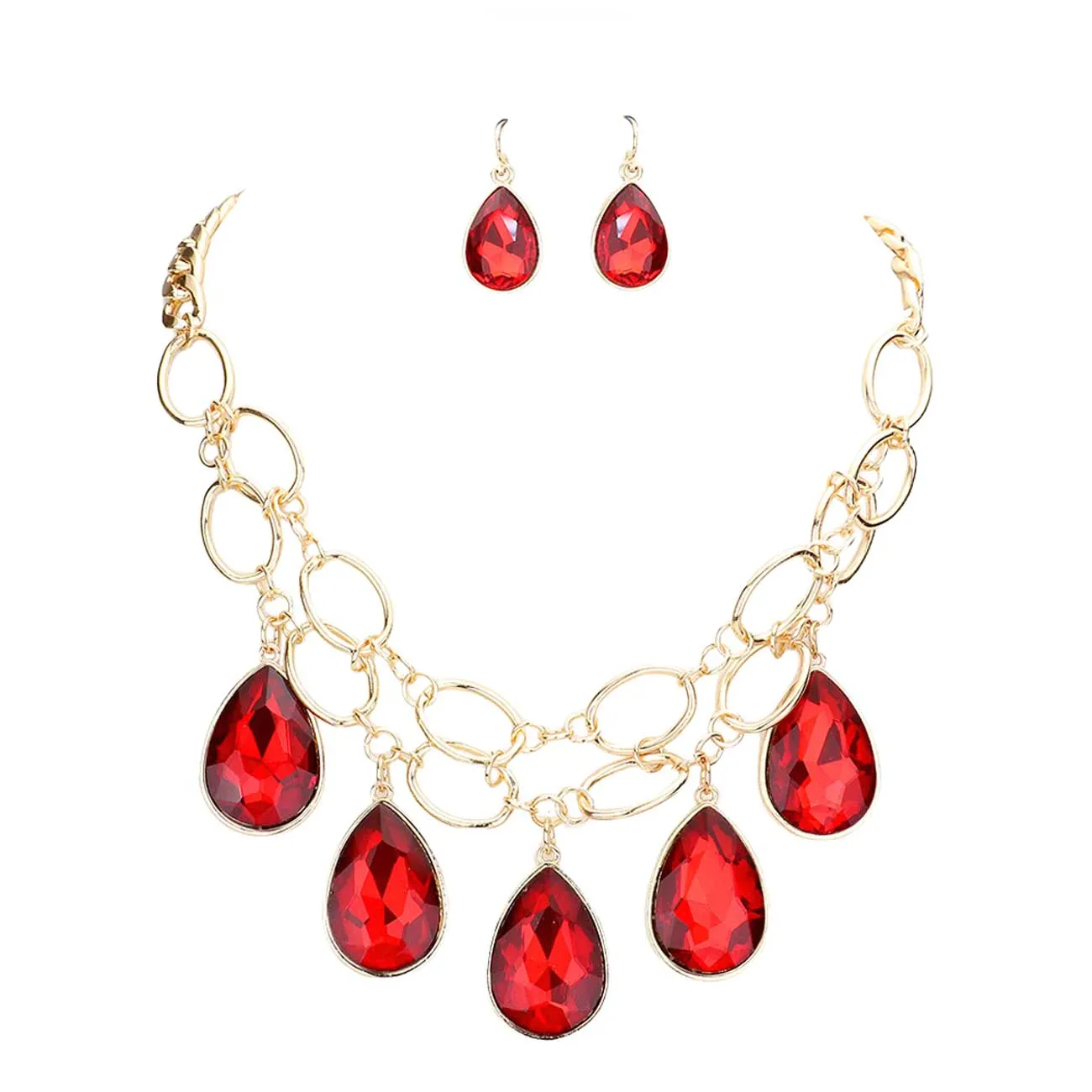 Teardrop Stone Accented Open Metal Oval Link Evening Necklace