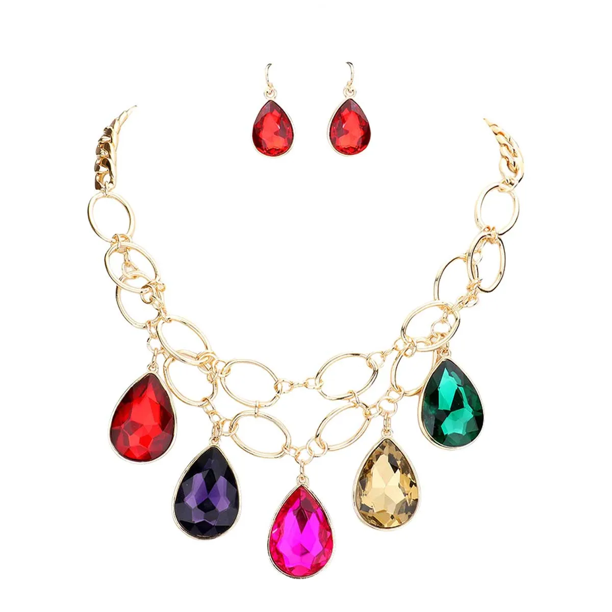 Teardrop Stone Accented Open Metal Oval Link Evening Necklace