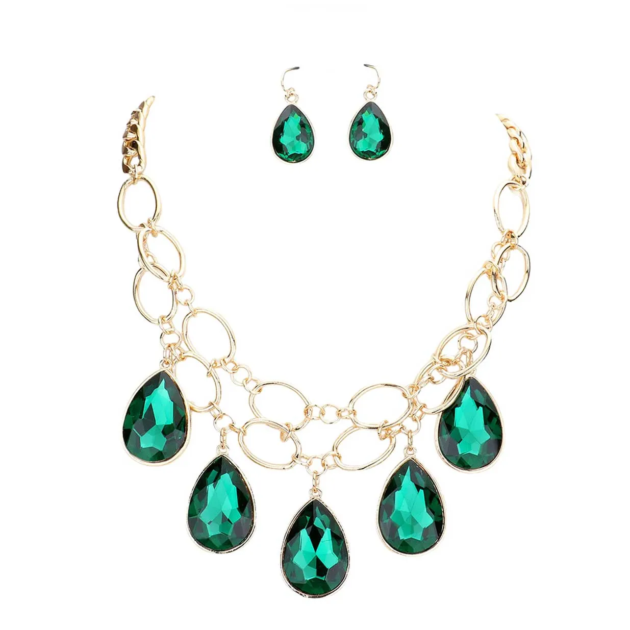 Teardrop Stone Accented Open Metal Oval Link Evening Necklace