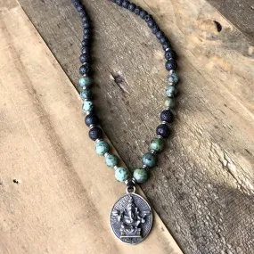 Throat Chakra Aromatherapy Lava Rock Mala Beads with Ganesh Pendant