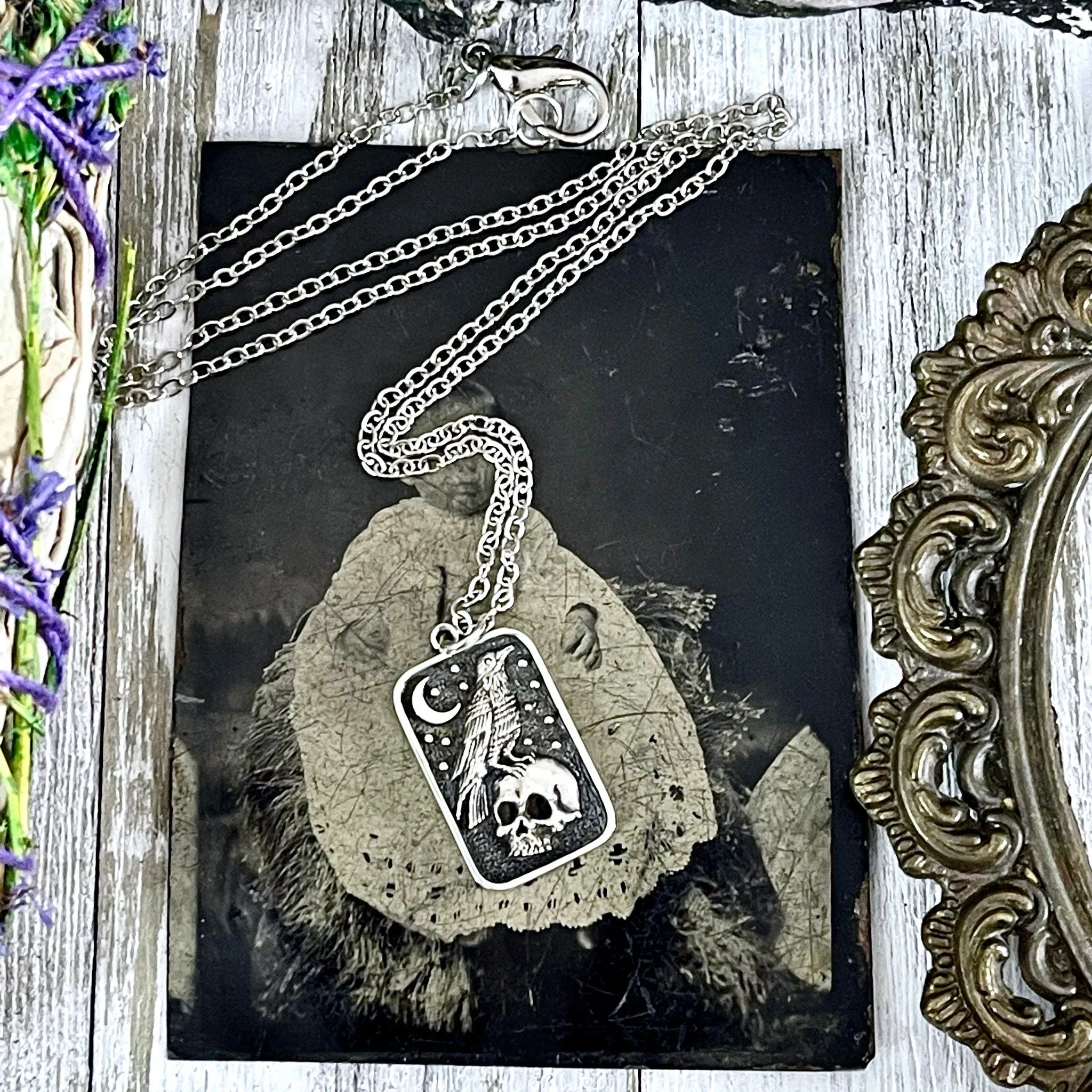 Tiny Talisman Collection - Sterling Silver Skull and Raven Pendant Necklace 29x15mm  /