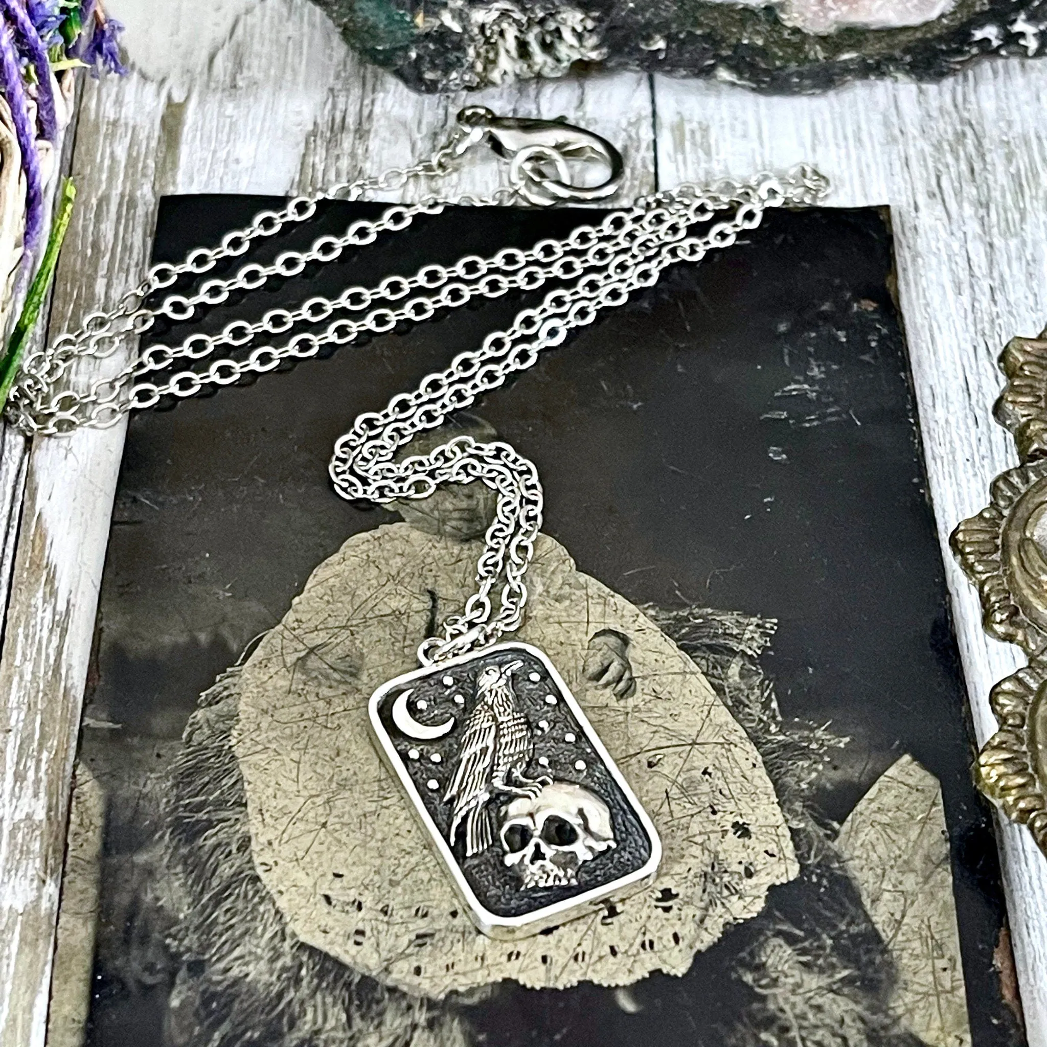 Tiny Talisman Collection - Sterling Silver Skull and Raven Pendant Necklace 29x15mm  /