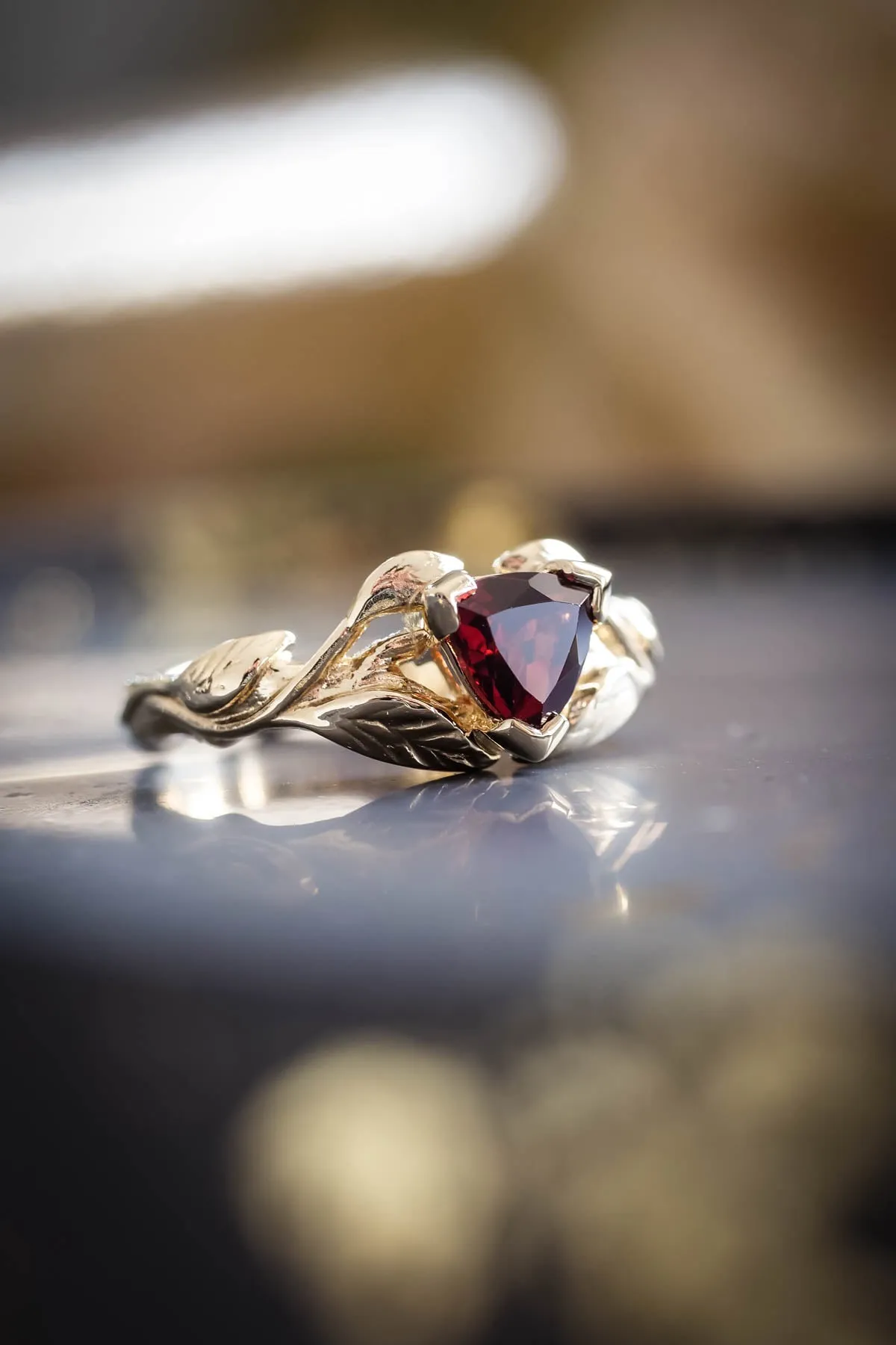 Trillion garnet engagement ring, nature inspired gold ring / Clematis