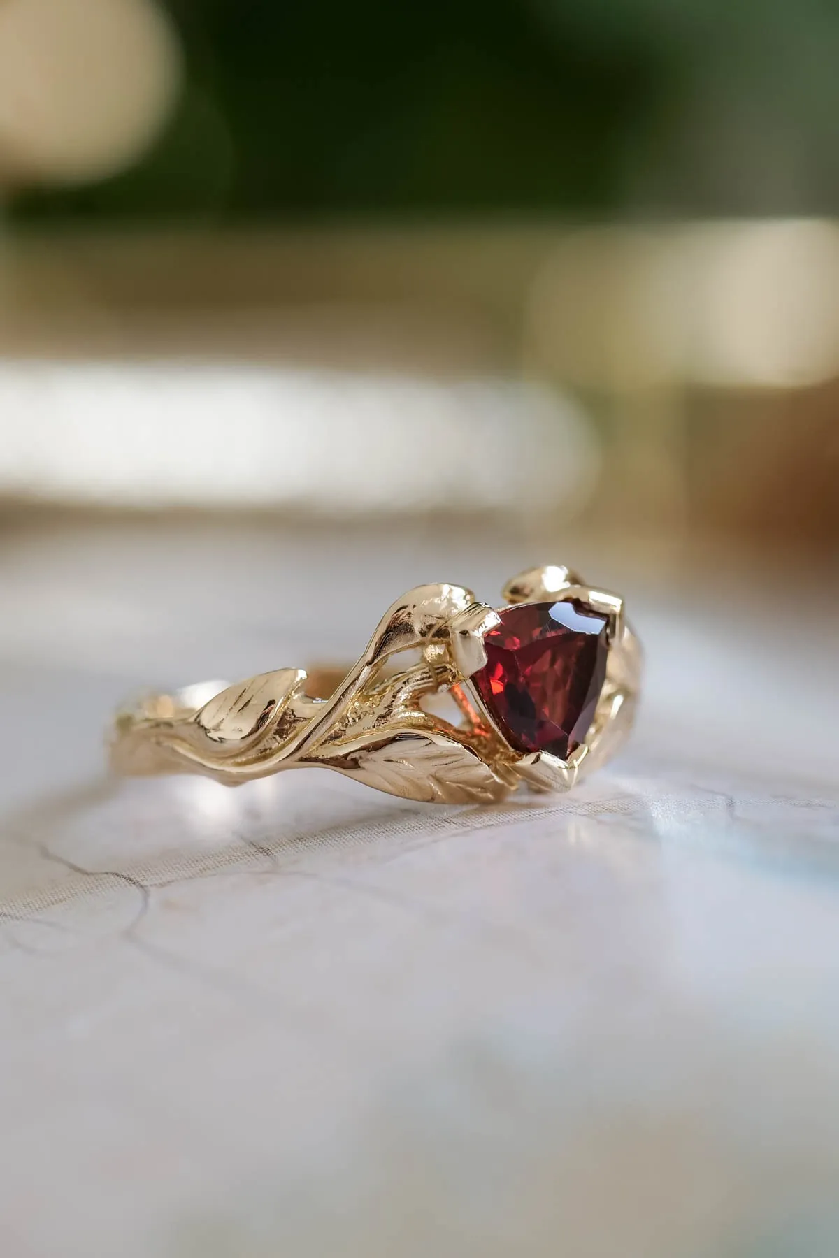 Trillion garnet engagement ring, nature inspired gold ring / Clematis