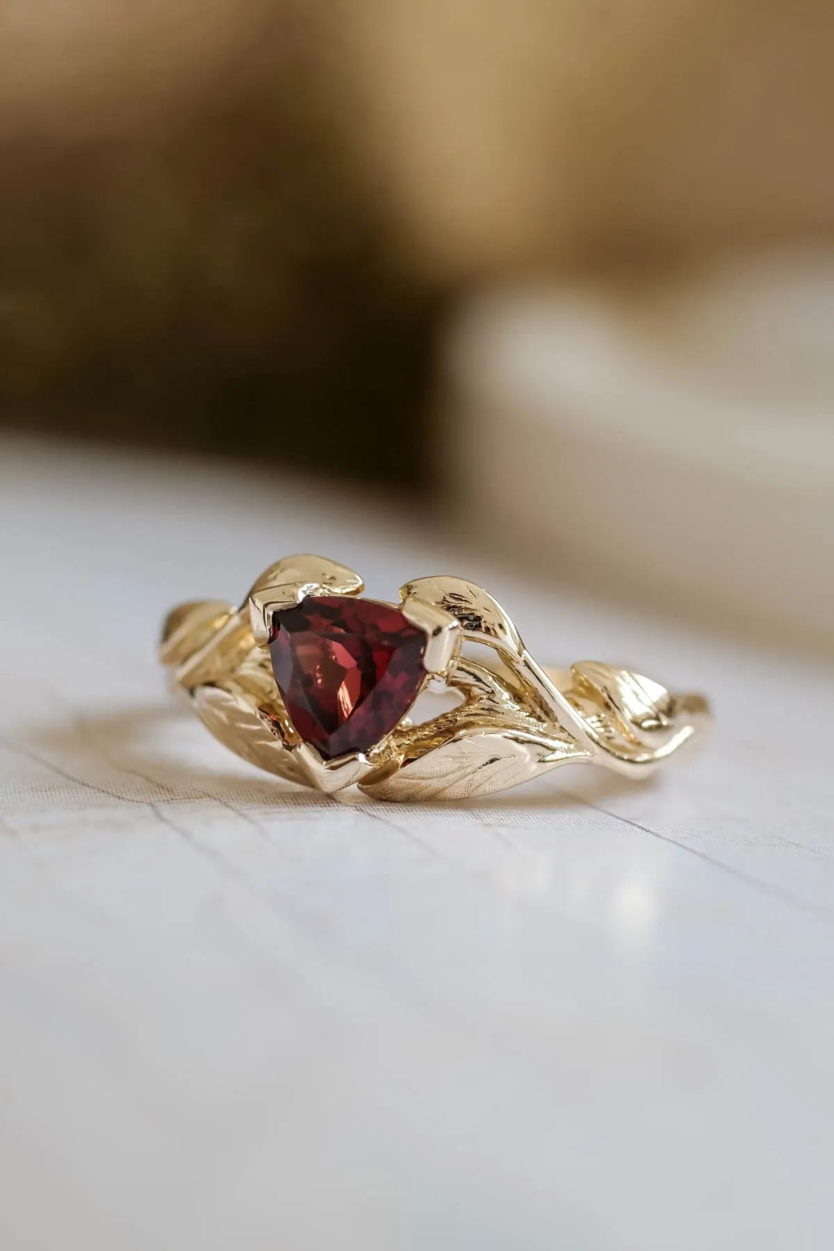 Trillion garnet engagement ring, nature inspired gold ring / Clematis