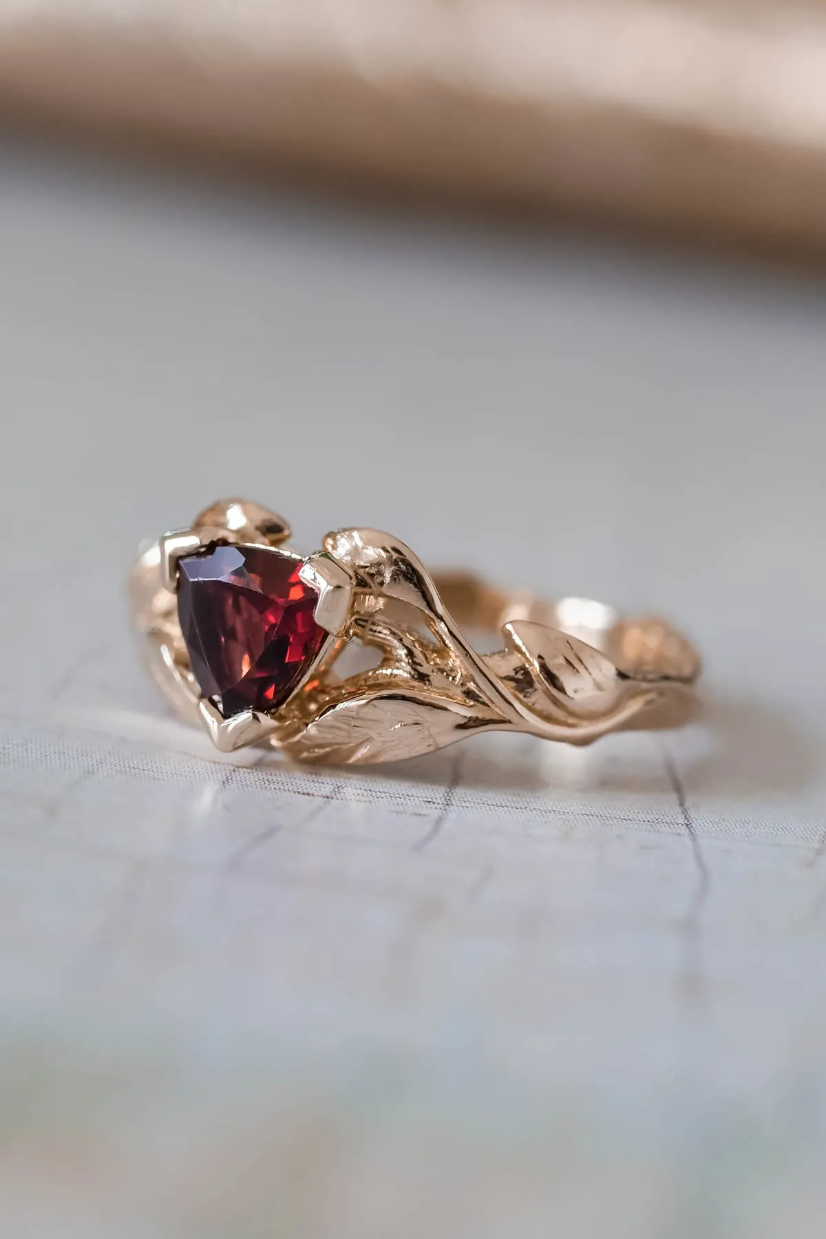 Trillion garnet engagement ring, nature inspired gold ring / Clematis