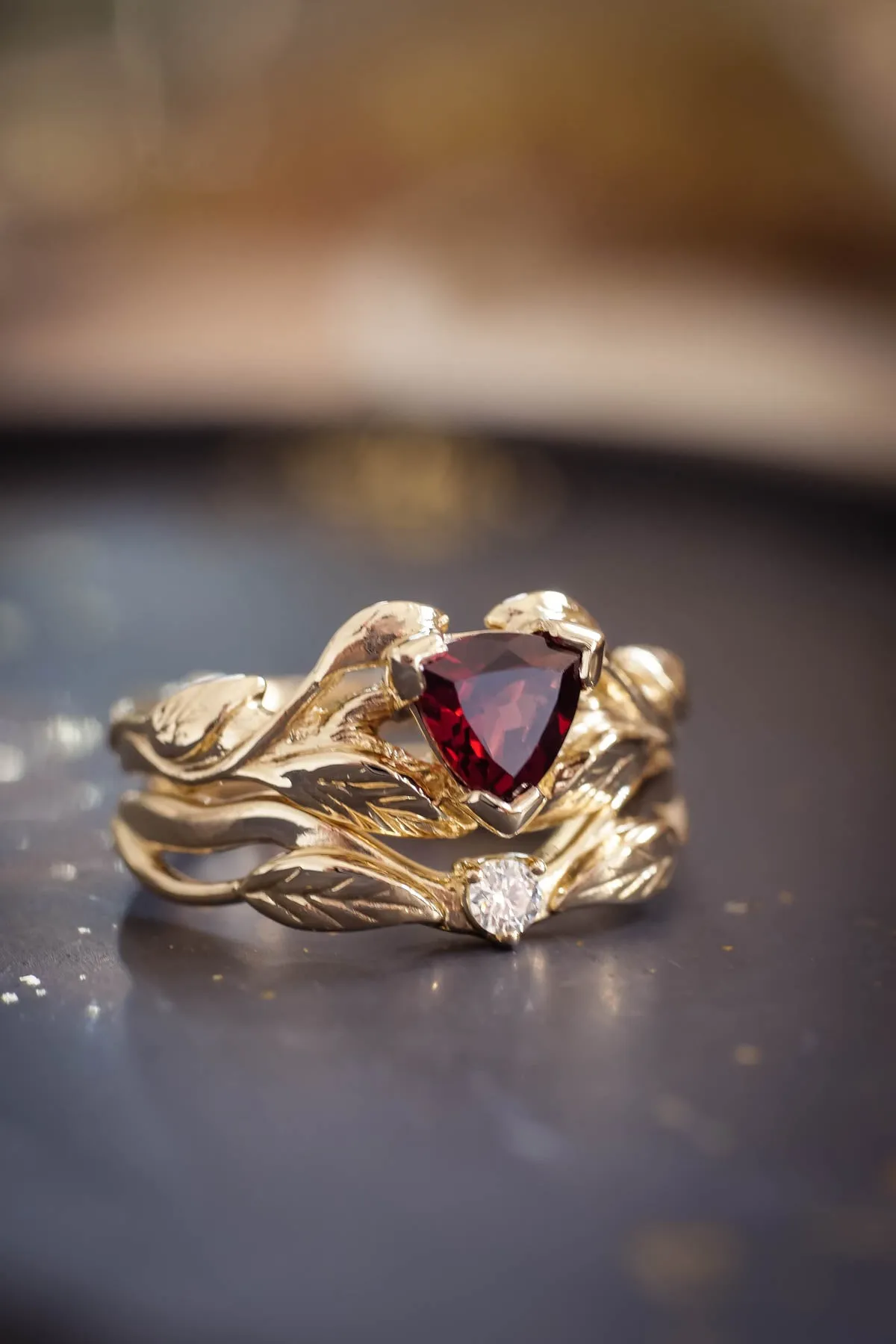 Trillion garnet engagement ring, nature inspired gold ring / Clematis