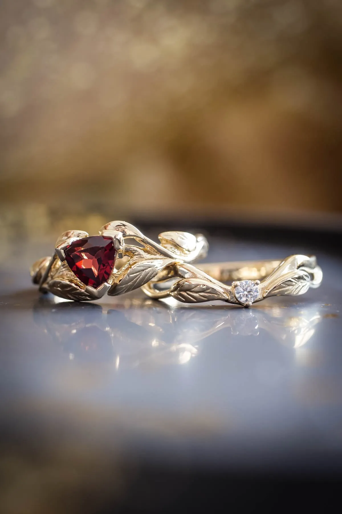 Trillion garnet engagement ring, nature inspired gold ring / Clematis