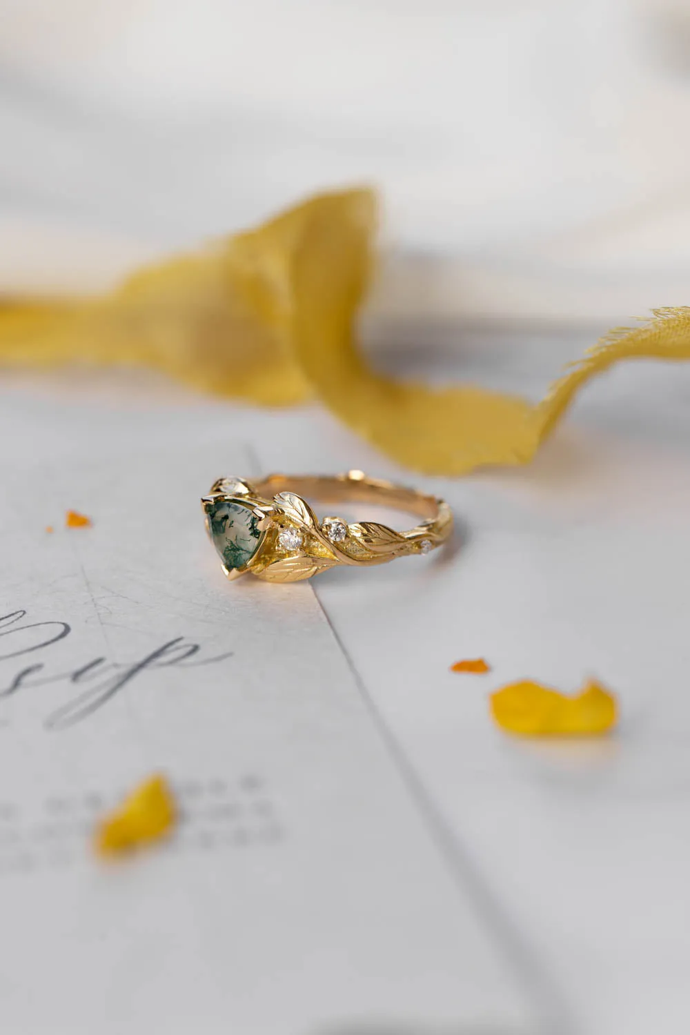 Trillion moss agate engagement ring, gold leaves and diamonds ring / Clematis