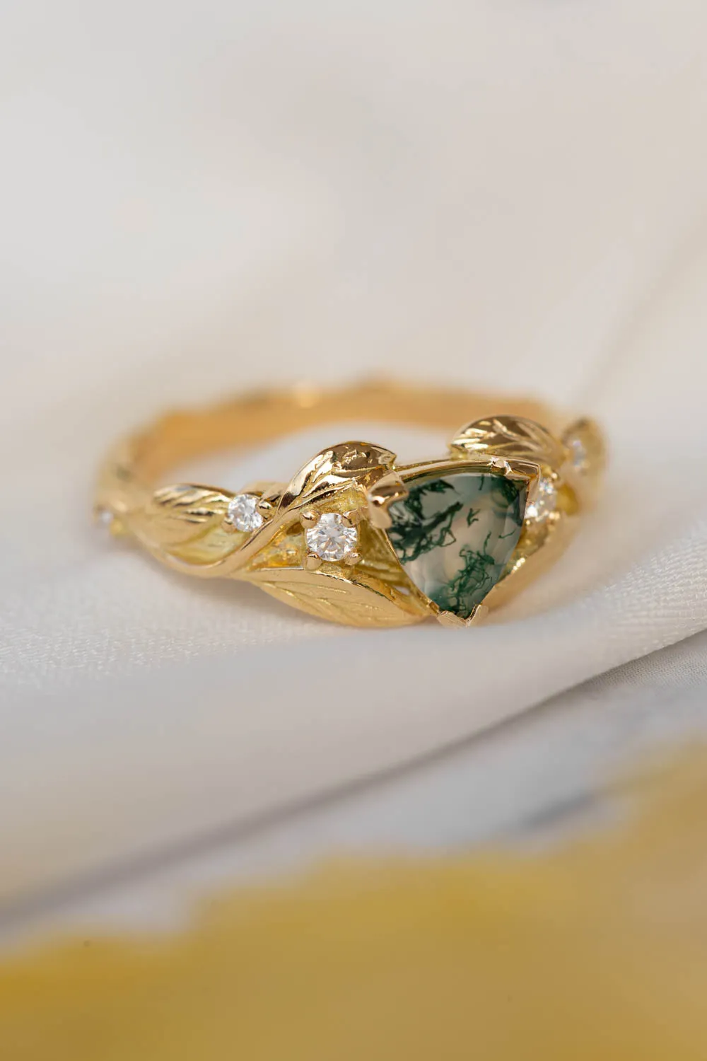 Trillion moss agate engagement ring, gold leaves and diamonds ring / Clematis