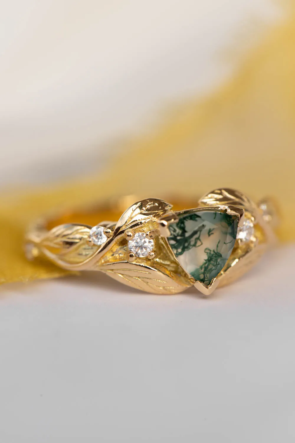 Trillion moss agate engagement ring, gold leaves and diamonds ring / Clematis