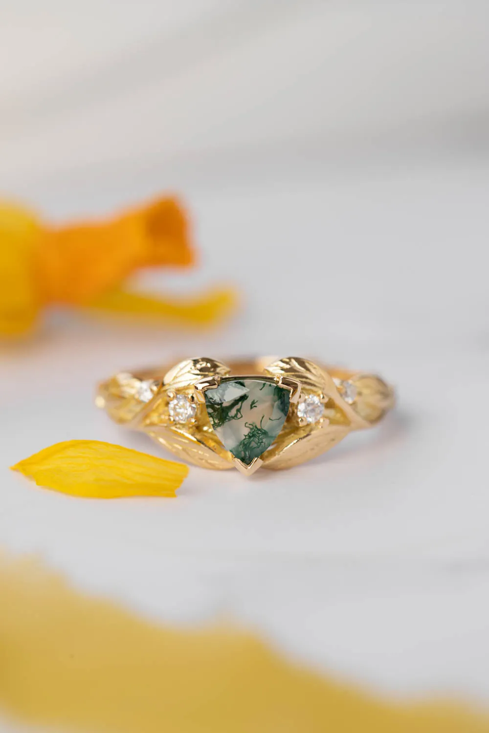 Trillion moss agate engagement ring, gold leaves and diamonds ring / Clematis