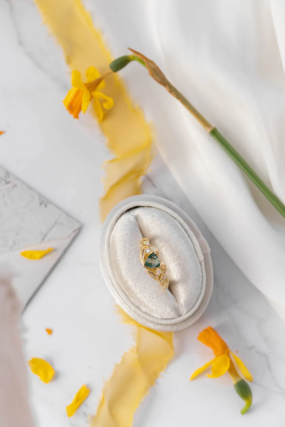 Trillion moss agate engagement ring, gold leaves and diamonds ring / Clematis