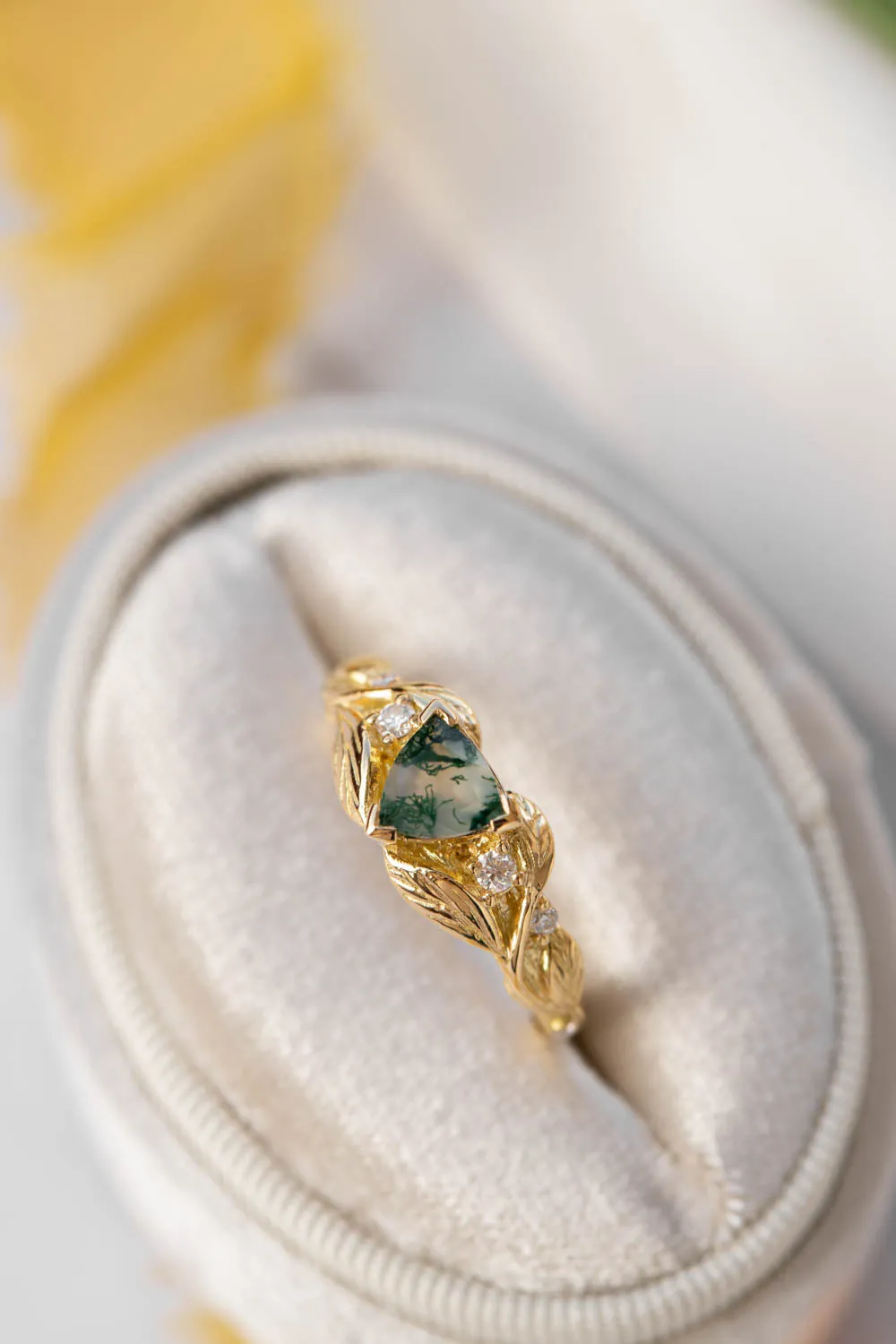 Trillion moss agate engagement ring, gold leaves and diamonds ring / Clematis