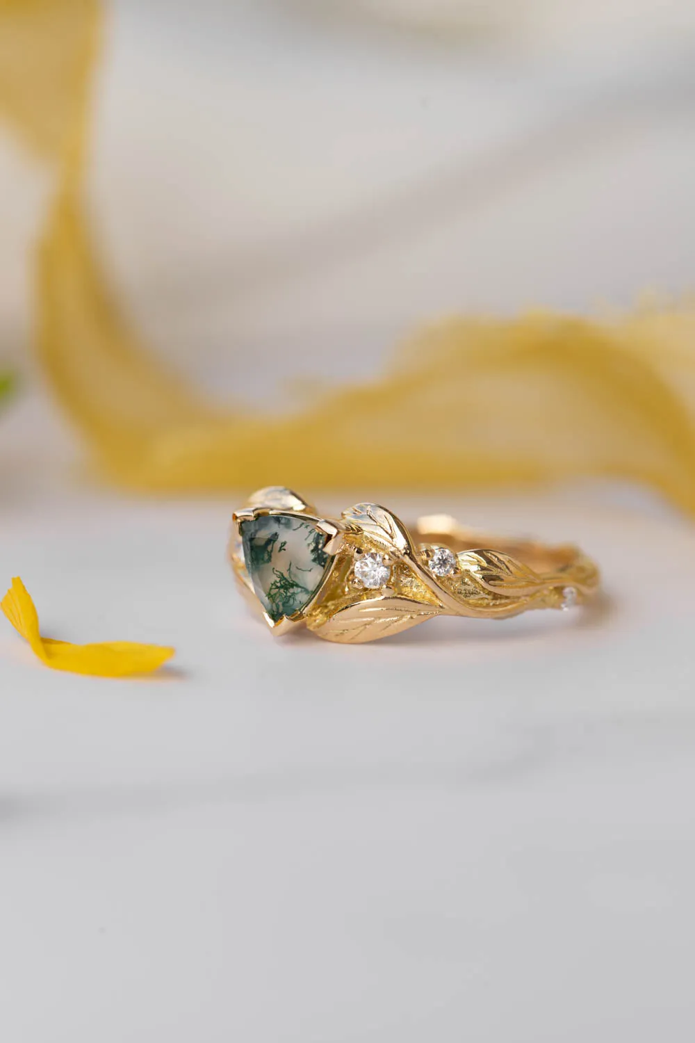 Trillion moss agate engagement ring, gold leaves and diamonds ring / Clematis