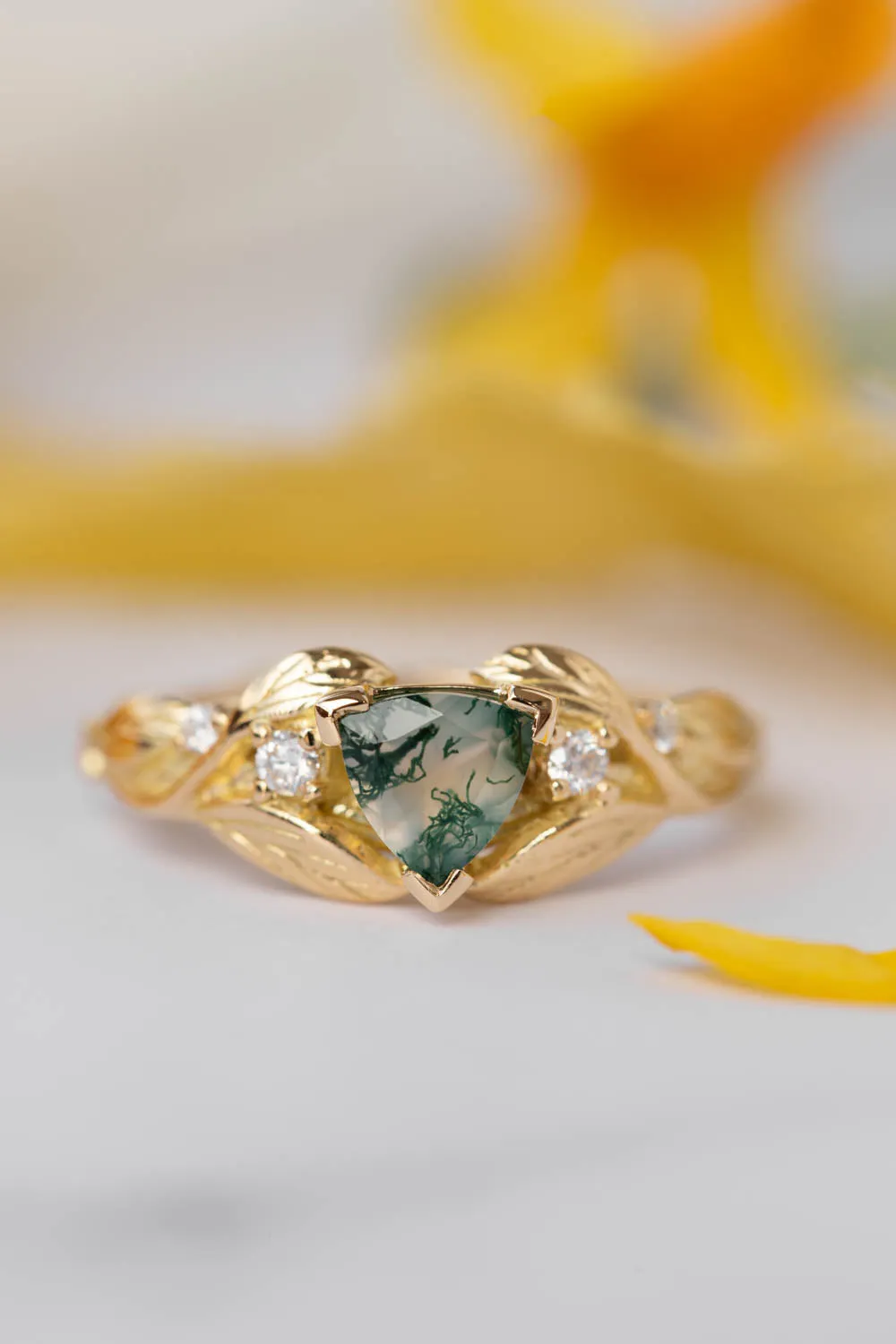 Trillion moss agate engagement ring, gold leaves and diamonds ring / Clematis