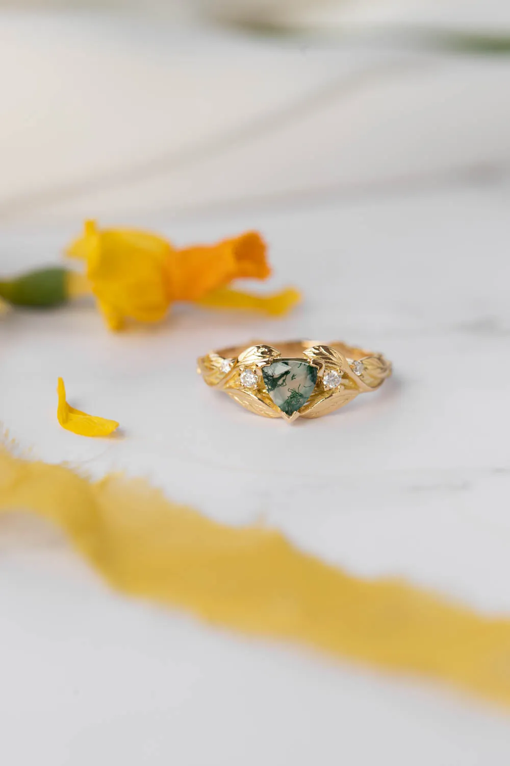 Trillion moss agate engagement ring, gold leaves and diamonds ring / Clematis