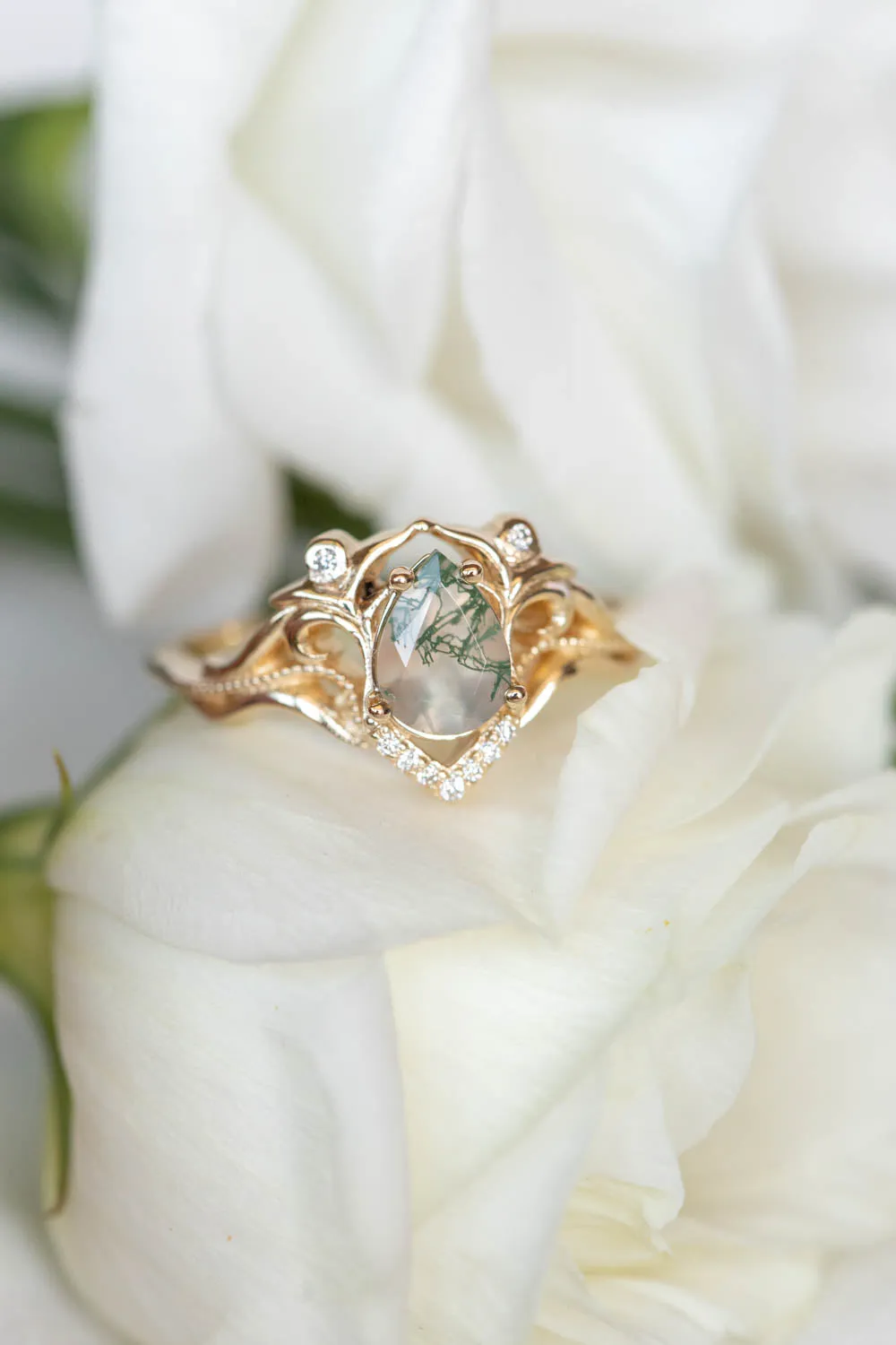 Unique pear moss agate engagement ring, gold ring with diamonds / Lida small