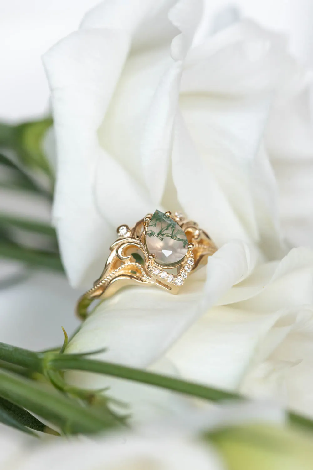 Unique pear moss agate engagement ring, gold ring with diamonds / Lida small