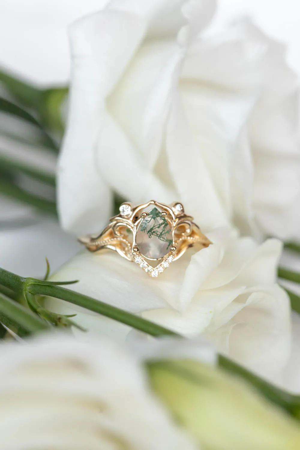 Unique pear moss agate engagement ring, gold ring with diamonds / Lida small