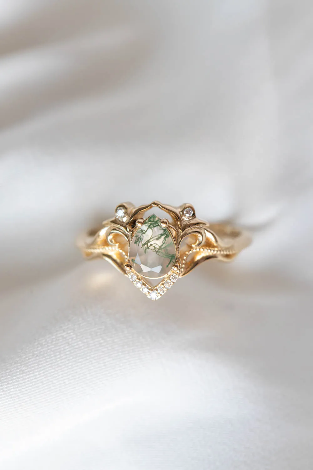 Unique pear moss agate engagement ring, gold ring with diamonds / Lida small