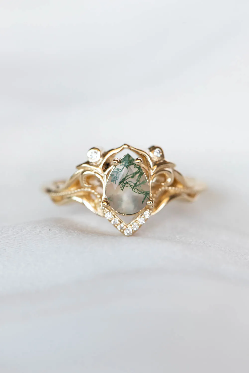 Unique pear moss agate engagement ring, gold ring with diamonds / Lida small