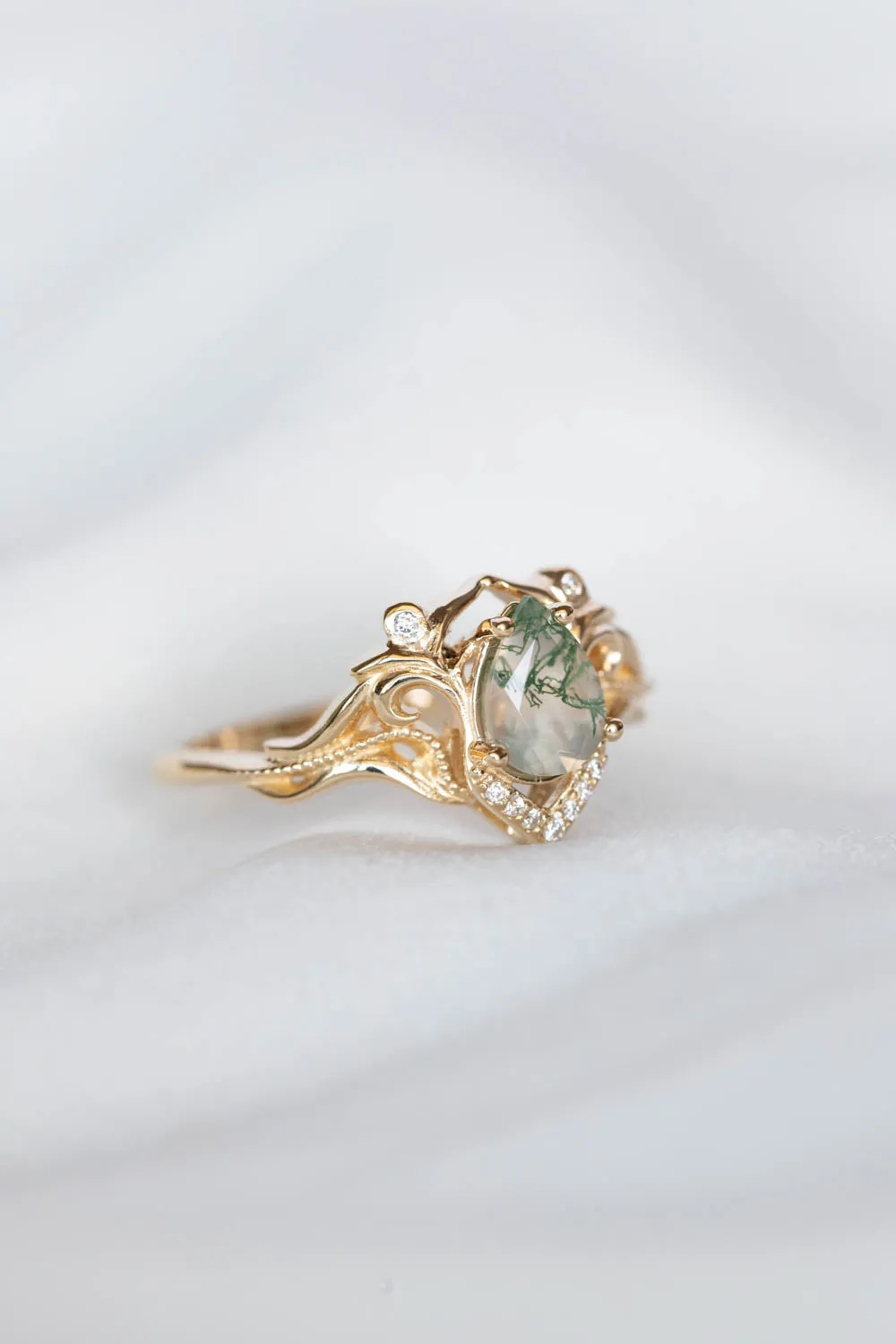 Unique pear moss agate engagement ring, gold ring with diamonds / Lida small