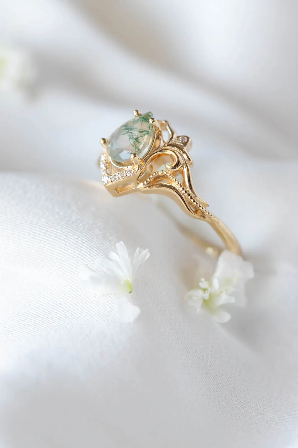 Unique pear moss agate engagement ring, gold ring with diamonds / Lida small