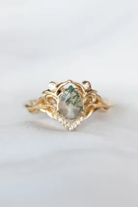 Unique pear moss agate engagement ring, gold ring with diamonds / Lida small