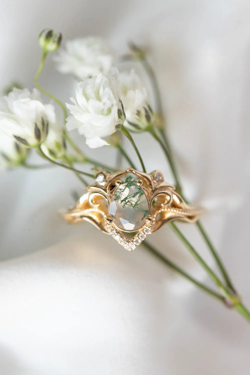 Unique pear moss agate engagement ring, gold ring with diamonds / Lida small