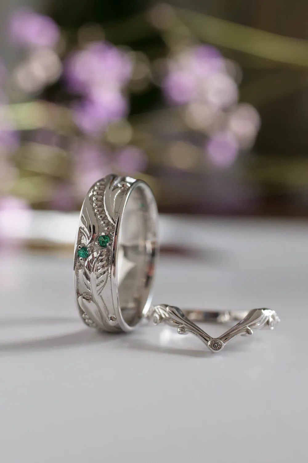 Wedding rings set for couples: white gold emerald band for him, chevron ring for her/ Callisto