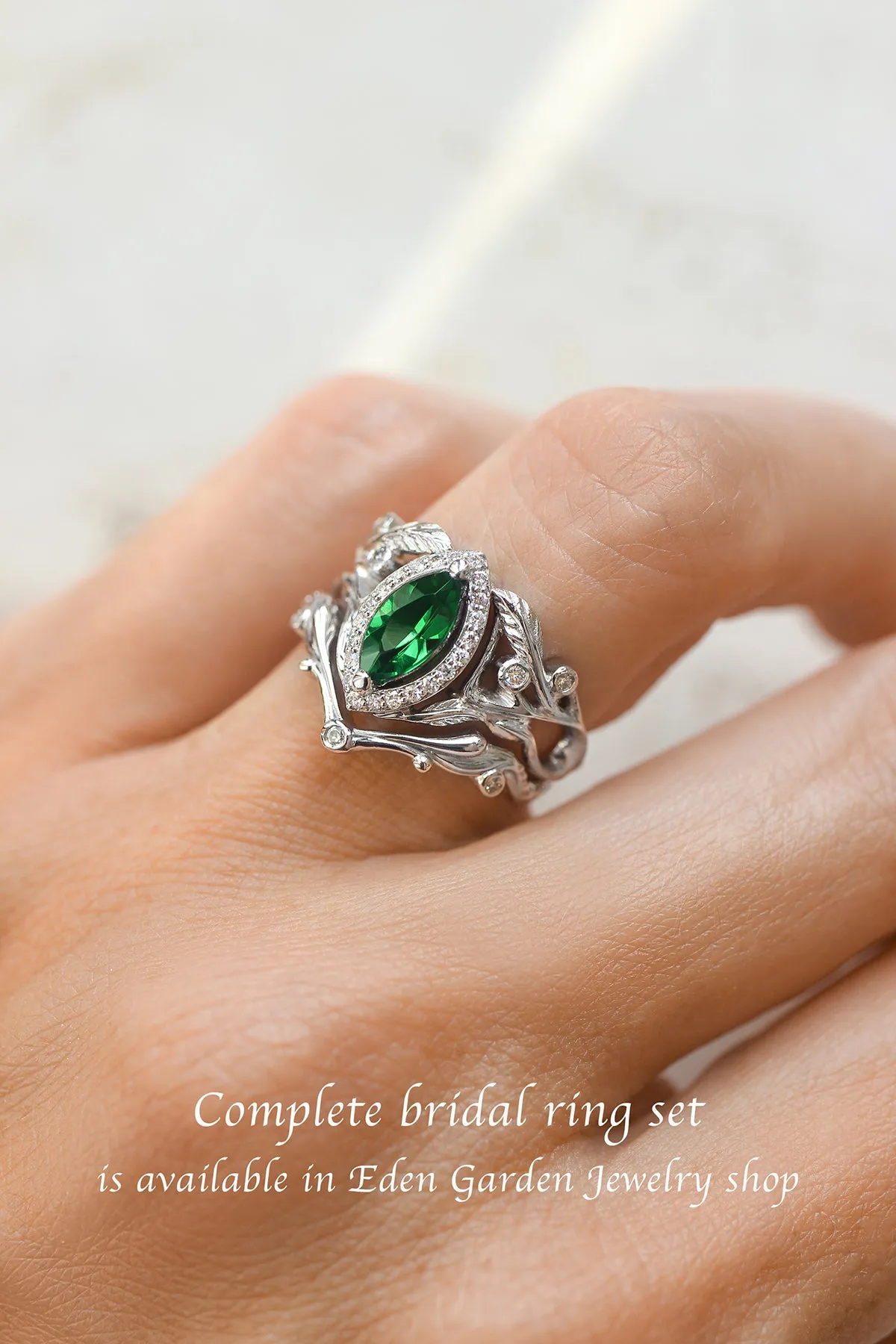 Wedding rings set for couples: white gold emerald band for him, chevron ring for her/ Callisto