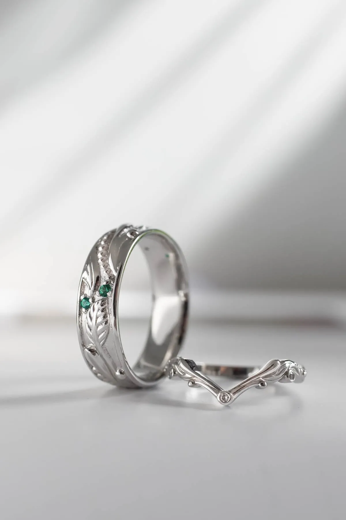 Wedding rings set for couples: white gold emerald band for him, chevron ring for her/ Callisto