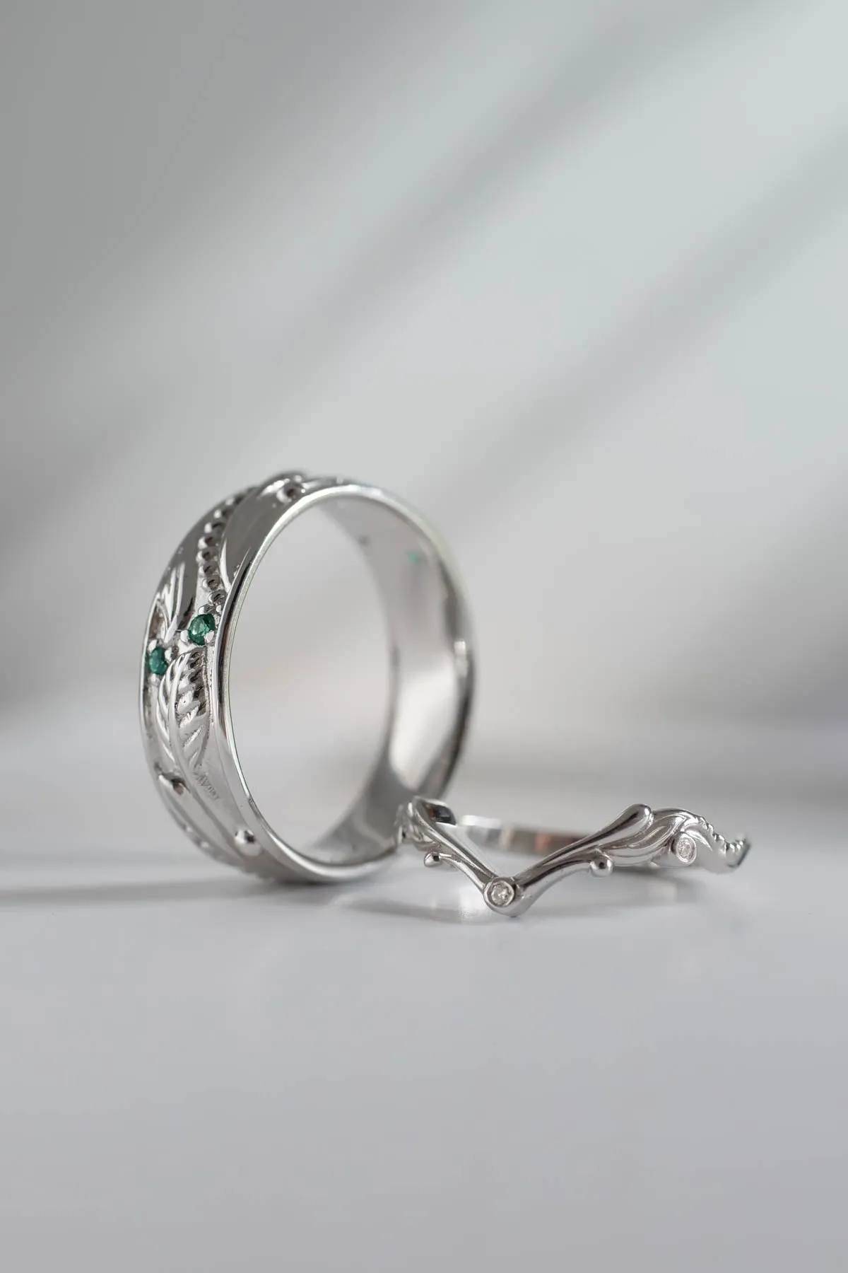 Wedding rings set for couples: white gold emerald band for him, chevron ring for her/ Callisto